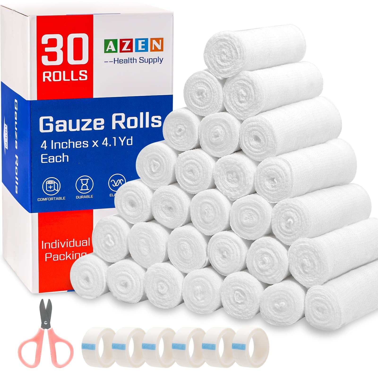 AZEN 30 Pack Gauze Rolls Bandages, 4 in x 4.1 Yards, Premium Medical 4IN, 30p