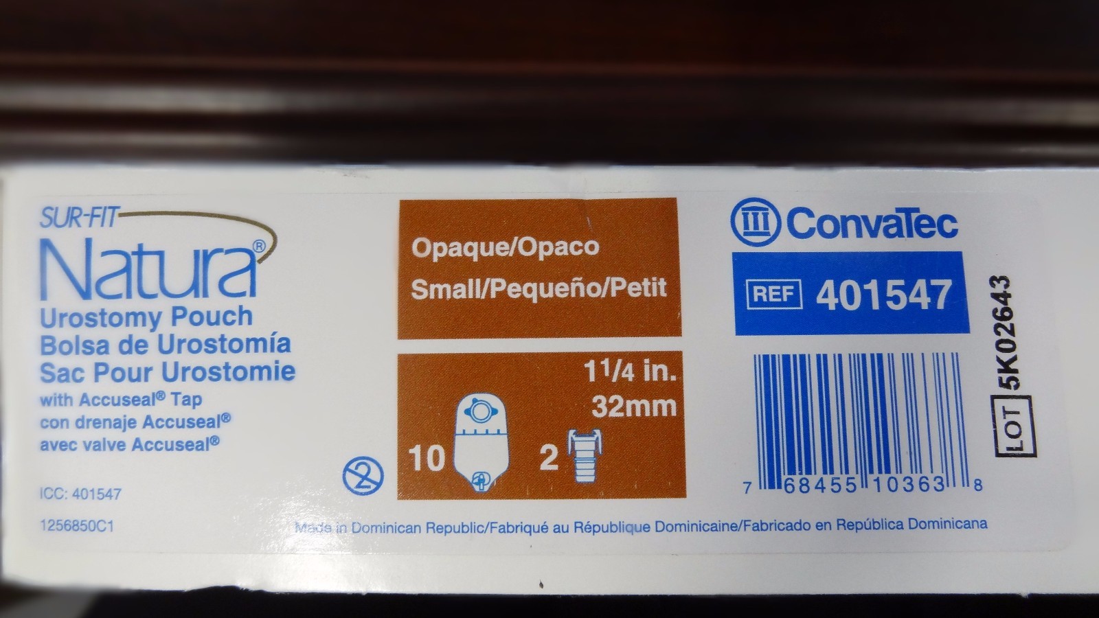 Box of 10 ~ ConvaTec 401547 Natura Urostomy Pouch w/ Accuseal Tap Opaque Small