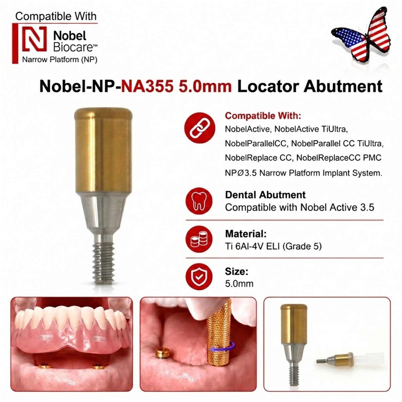 US Locator Attachment Abutment For Nobel Biocare Active Conical NP Ø3.5/RP Ø4.3