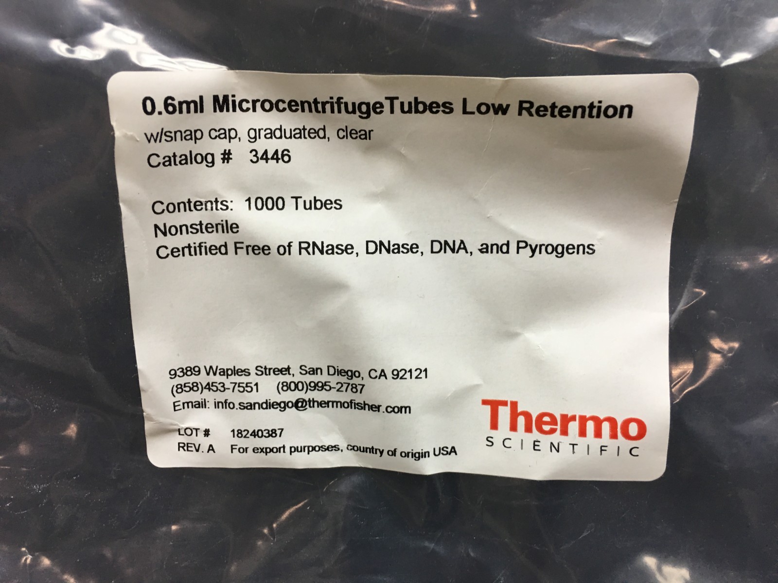 Thermo Scientific Cat No 3446 MCF Tubes Low Retention 0.6mL Lot 200 Tubes