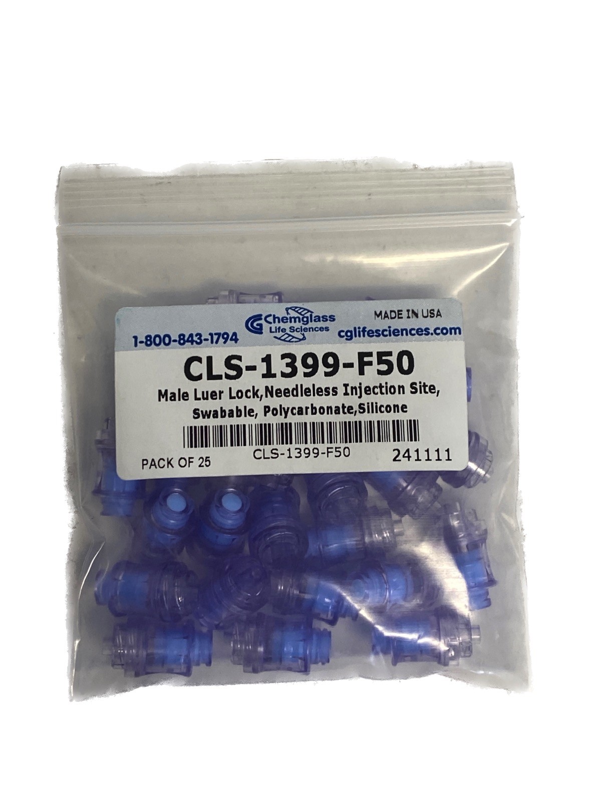 (25/Pk) CHEMGLASS PC Male Luer Lock Swabable Valve Fittings CLS-1399-F50