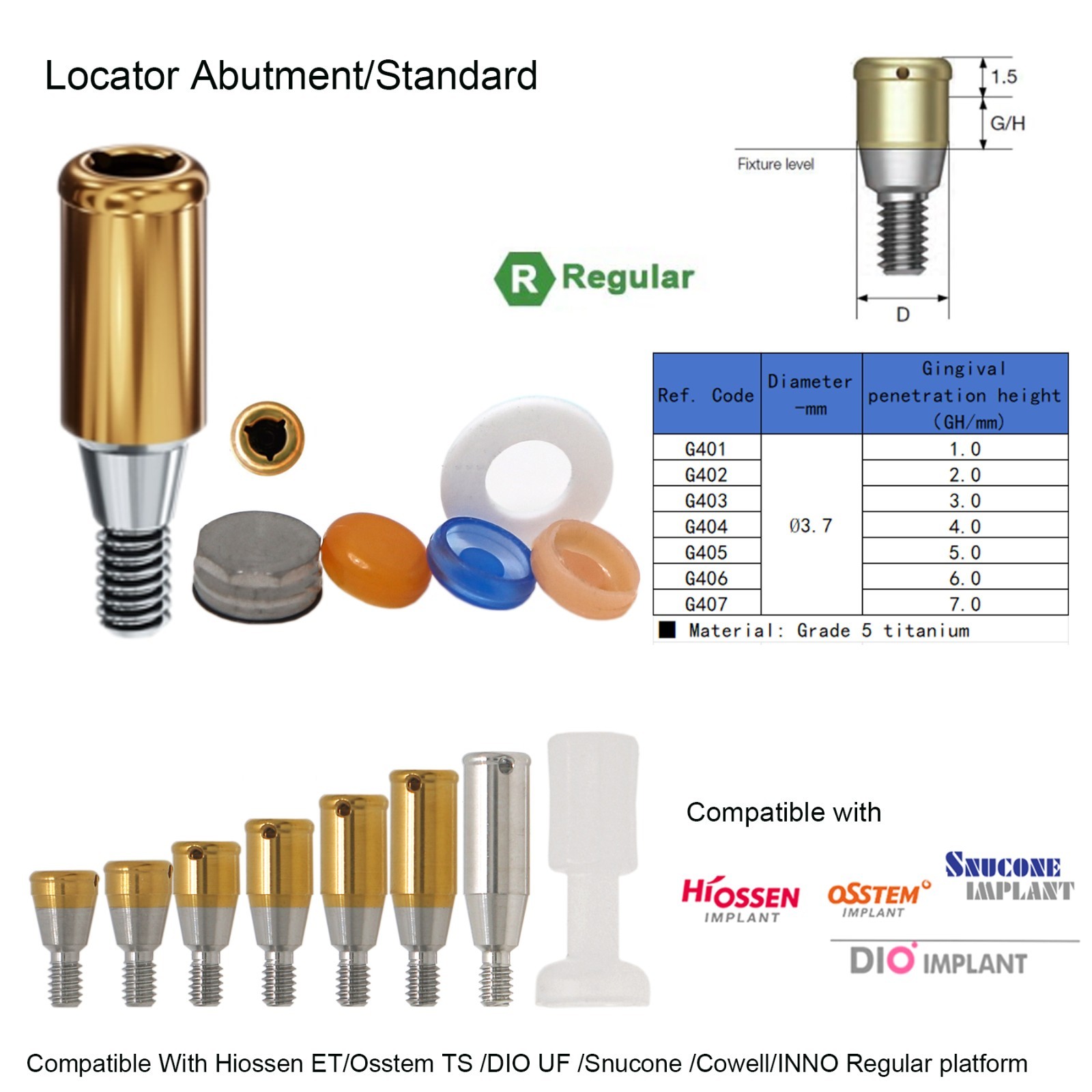 Hiossen ET Standard Locator Abutment 1.0-7.0mm GH Overdenture Dental Attachment