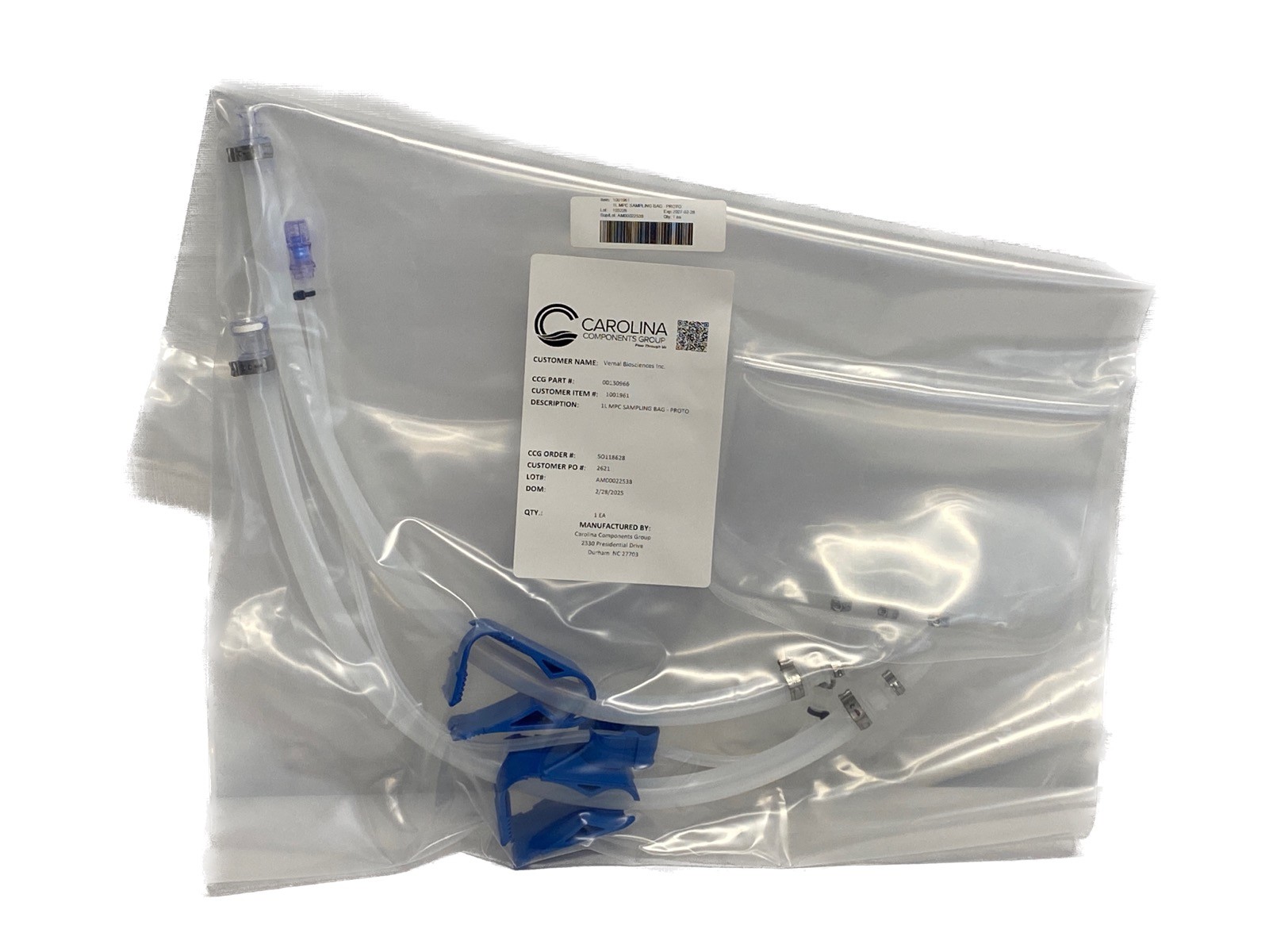 CAROLINA Bioprocess 1L MPC Sampling Bag 3-Ports w/ Connectors Clamps 00130966