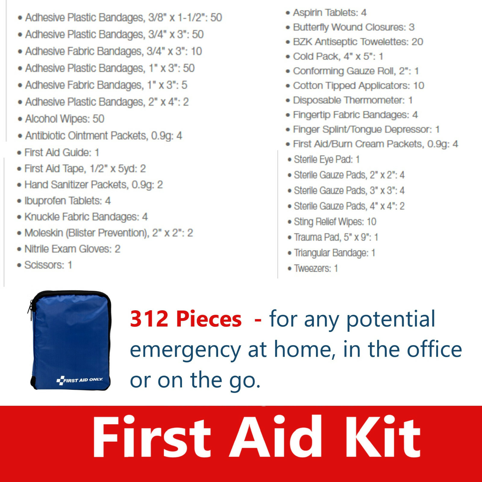 First Aid Kit Emergency Bag Home Car Outdoor, All Purpose, Portable Up to 312 Pc