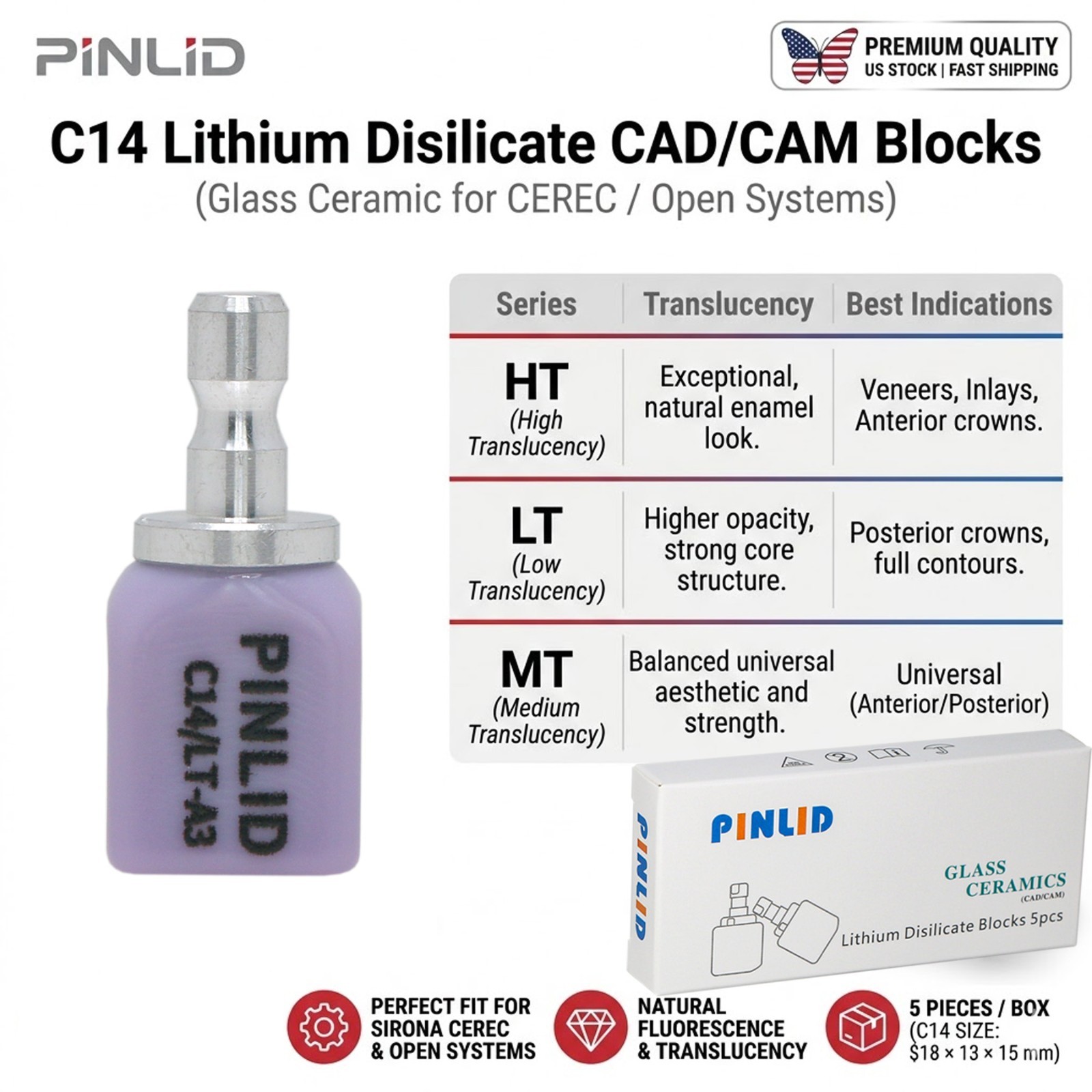 5Pcs LT C14 Dental Emax CAD CAM Glass Ceramic Blocks Lithium Disilicate CEREC