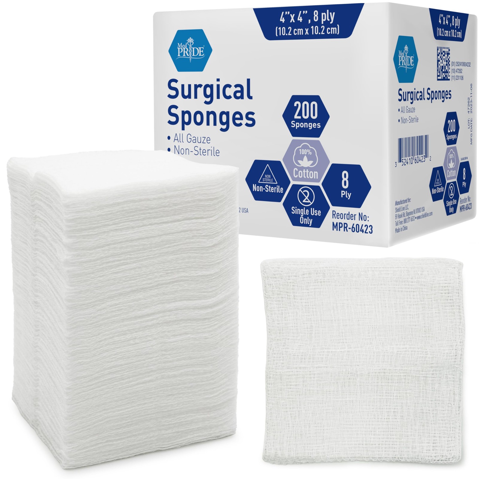 MED PRIDE Surgical Sponges 200 Pack 4” x 4”, 8 ply 200 Count (Pack of 1)