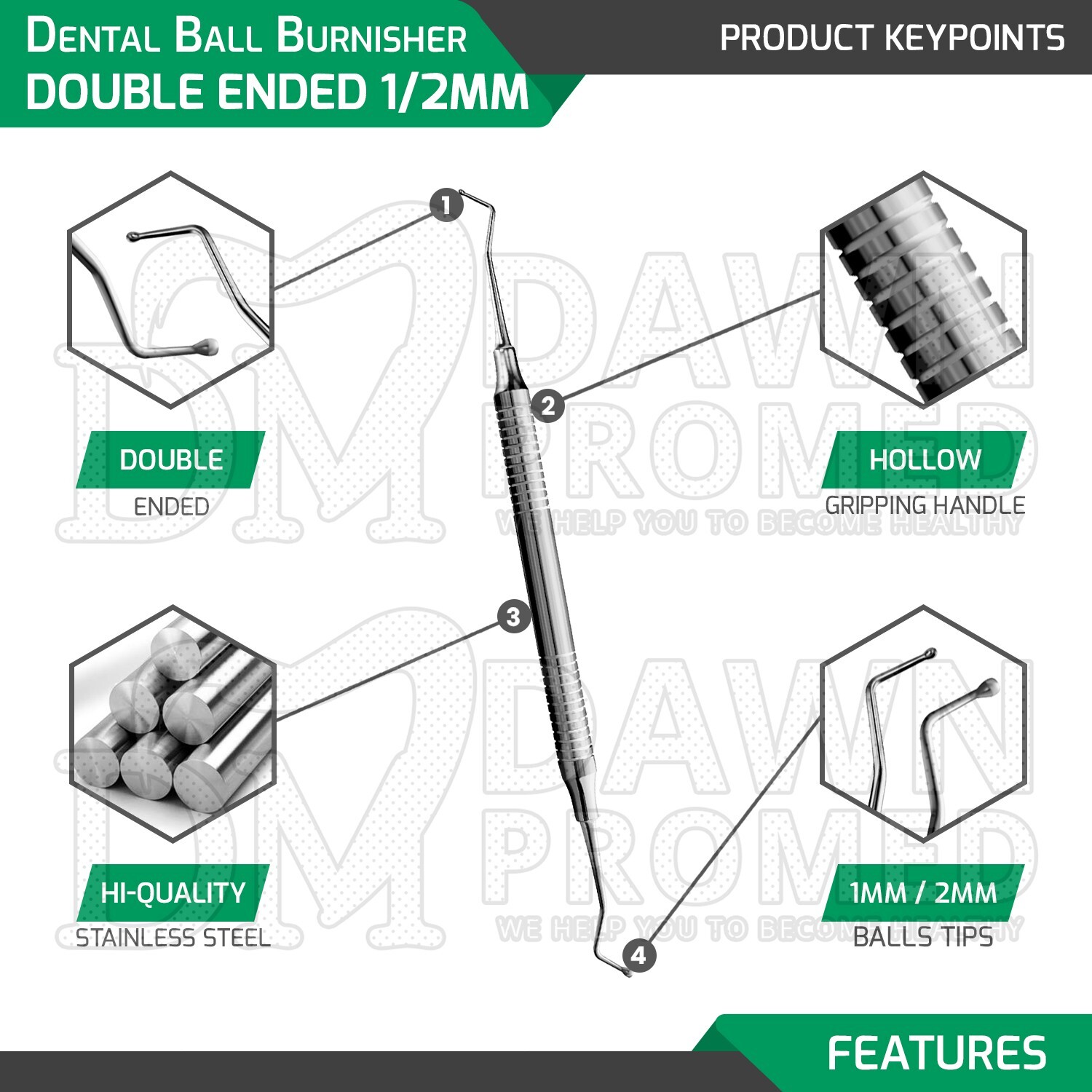 3 Pcs Dental Ball Burnisher Double Ended 1mm-2mm Restorative Amalgam Filling Set