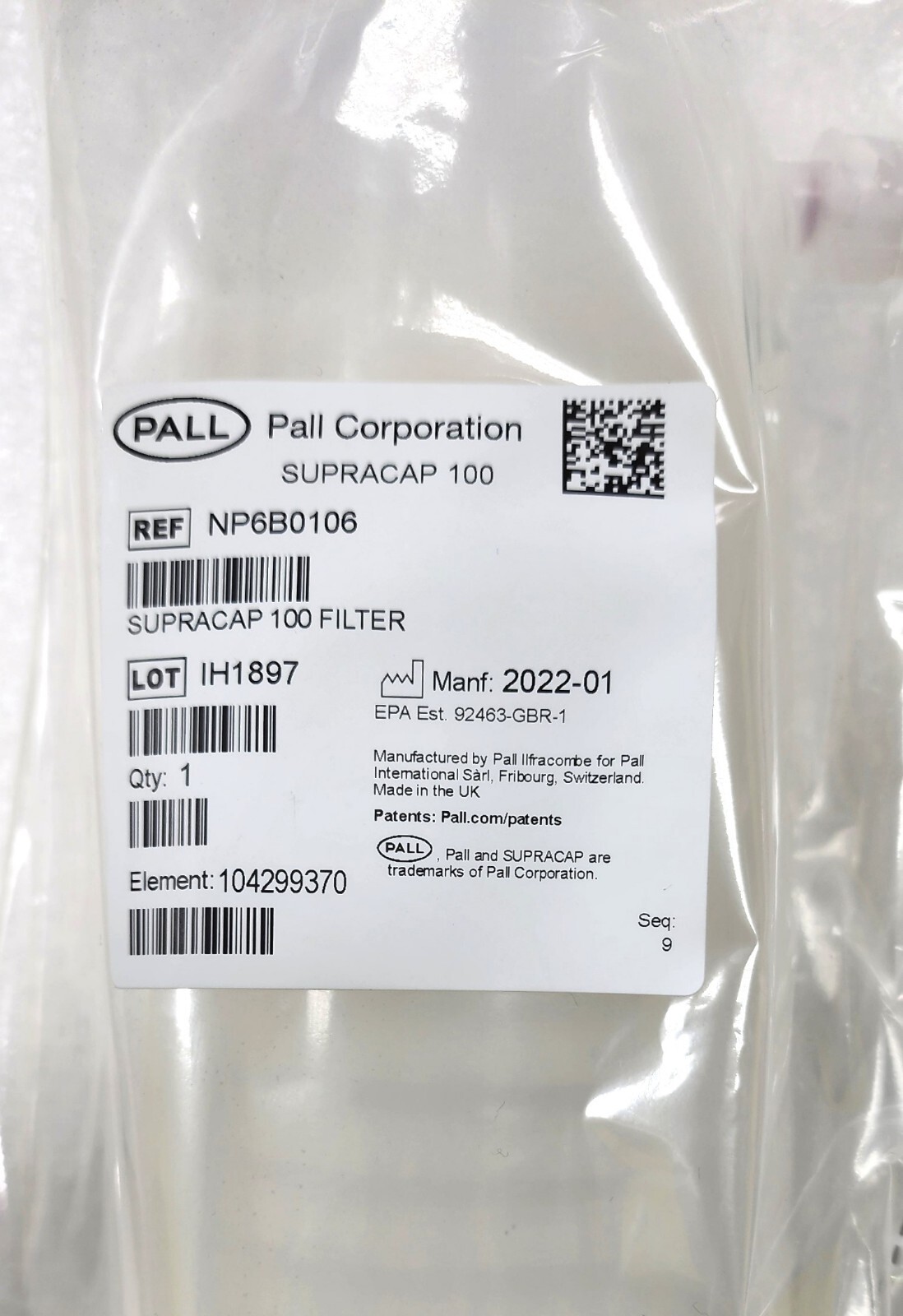 Cytiva NP6B0106 Pall Supracap 100 10 in, B010 media, In-line style, 13 mm (½ in)
