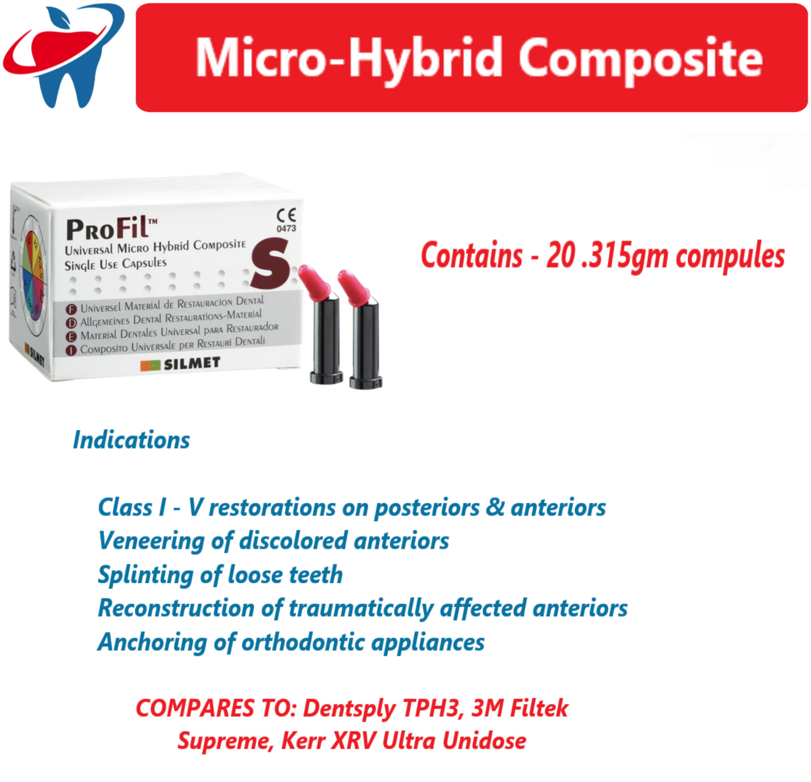 Silmet ProFil Dental Micro Hybrid Composite Compules Unidose All Shades Box/20