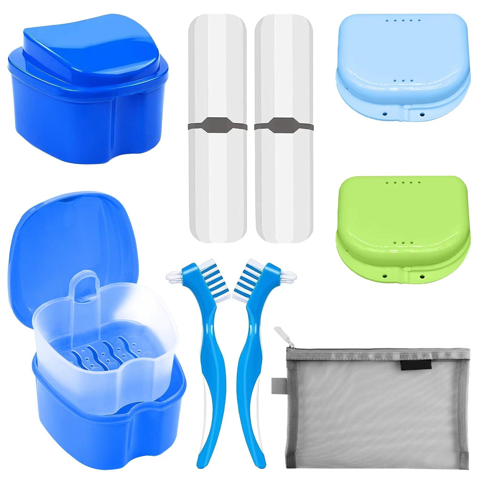 11 Pcs Denture Case Kit, 2 Retainer Holder Boxes with Drainage Design, 2 Blue
