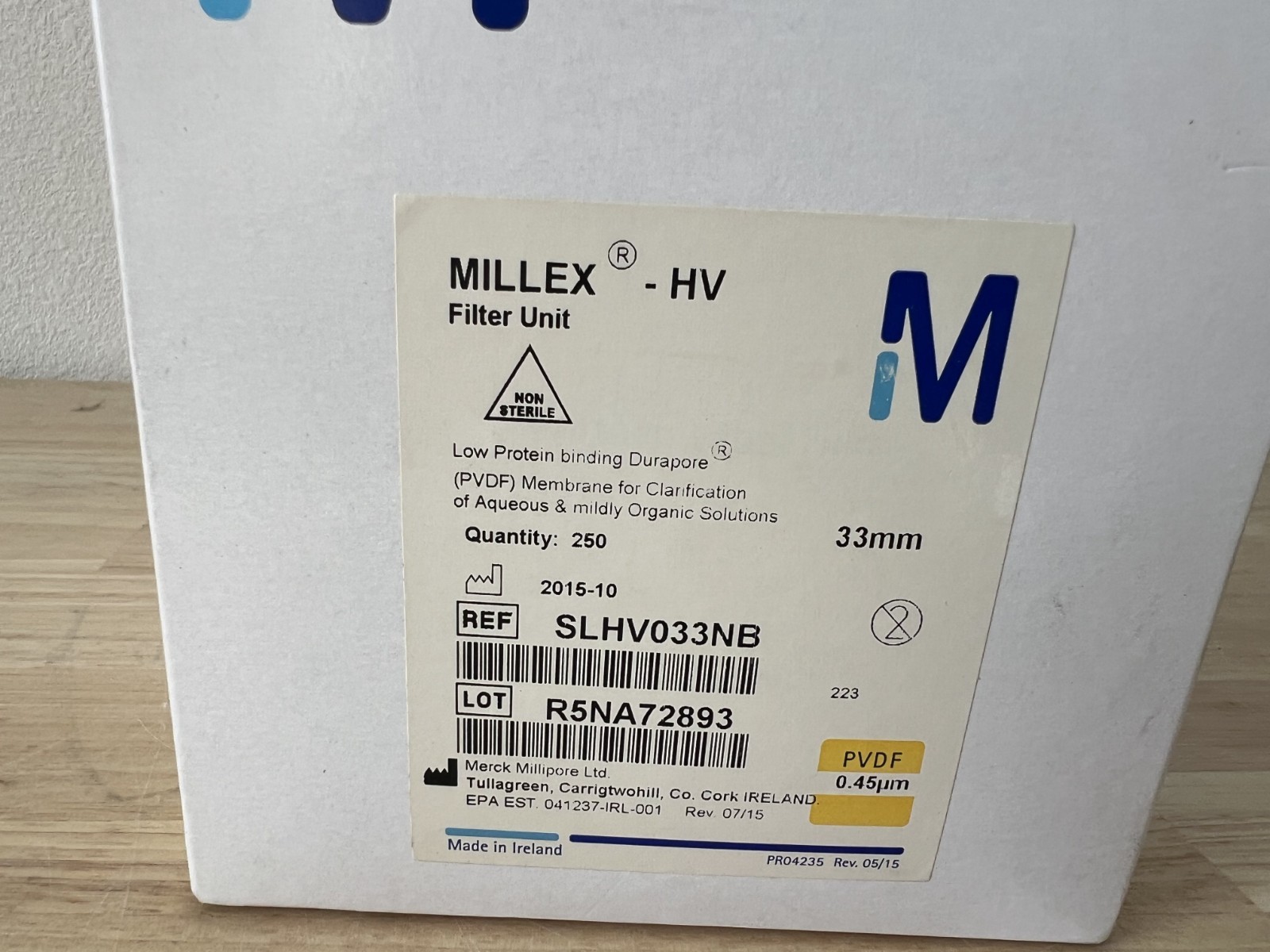 MILLIPORE PVDF .45µm Hydrophilic Millex-HV Filter Unit SLHV033NB (250/pk)
