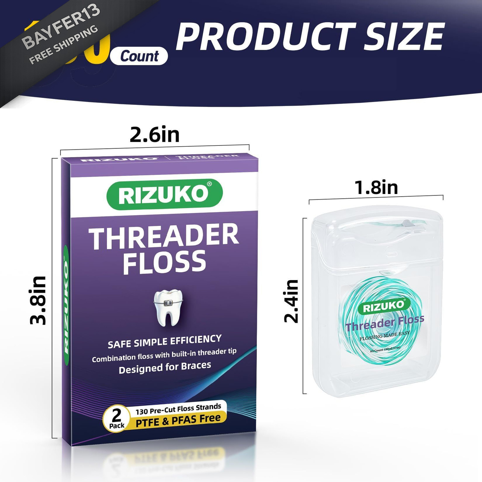 Threader Floss,2-in-1 Dental Floss for 65 Count(Pack of 2), Green+white