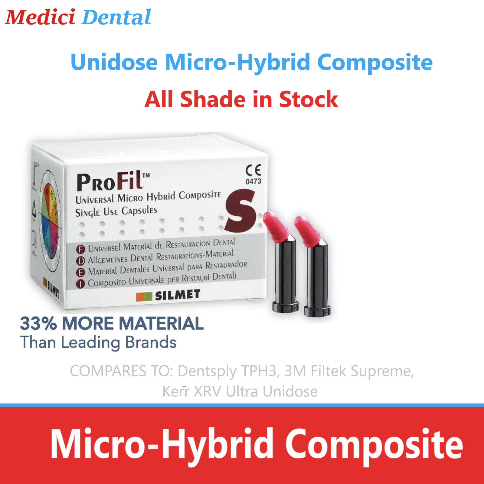 Silmet ProFil Dental Micro Hybrid Composite Compules Unidose All Shades, 20/Box