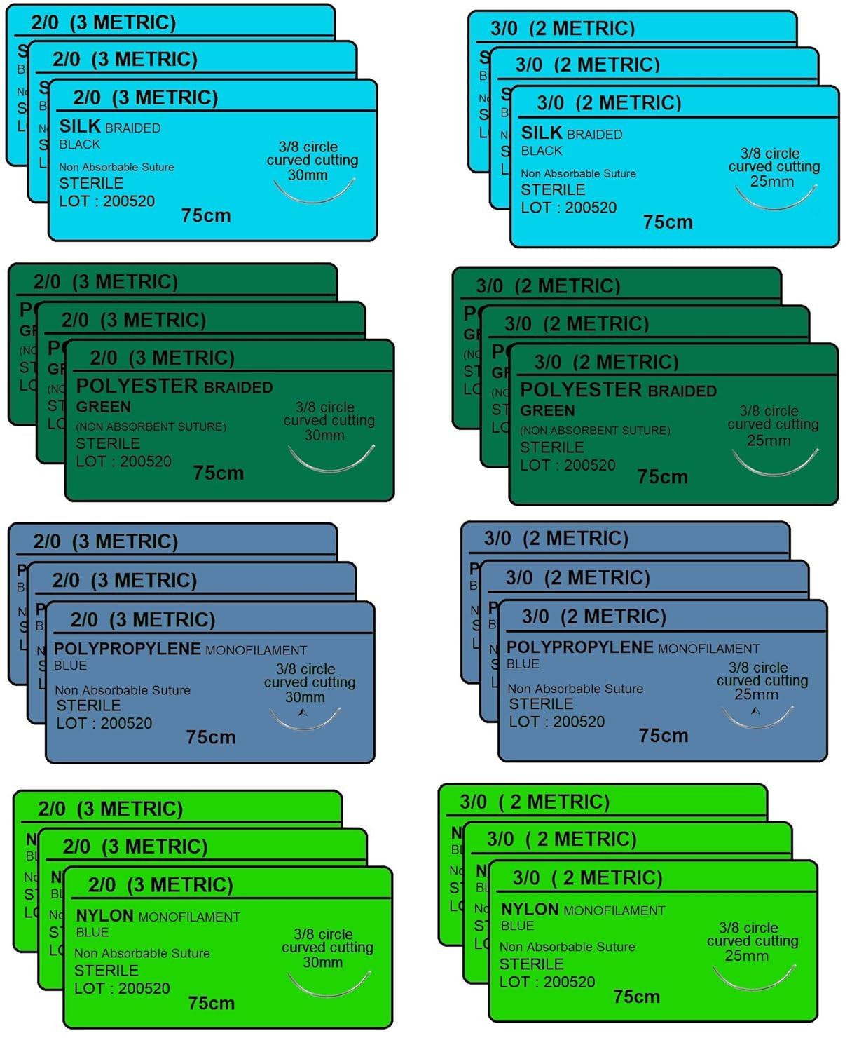 24 PK Mixed Training Sutures Thread with Needle Non-Absorbable: Nylon, Silk, Pol