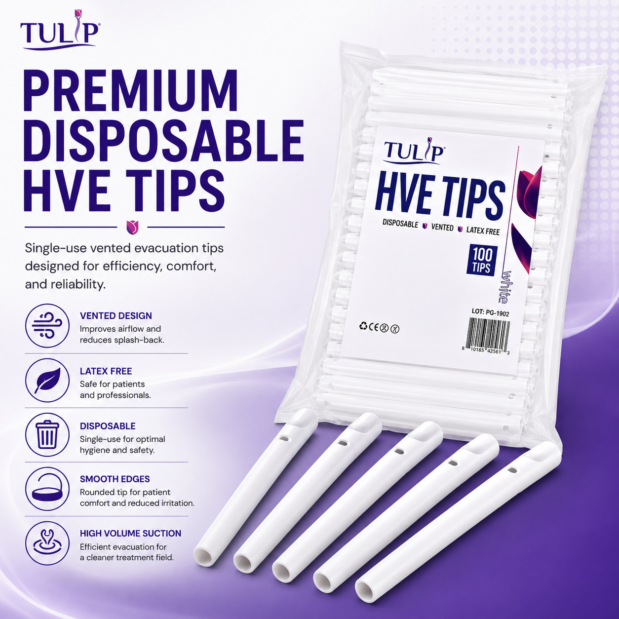 100 Disposable Dental HVE Suction Tips Vented Latex Free White Evacuation Tulip