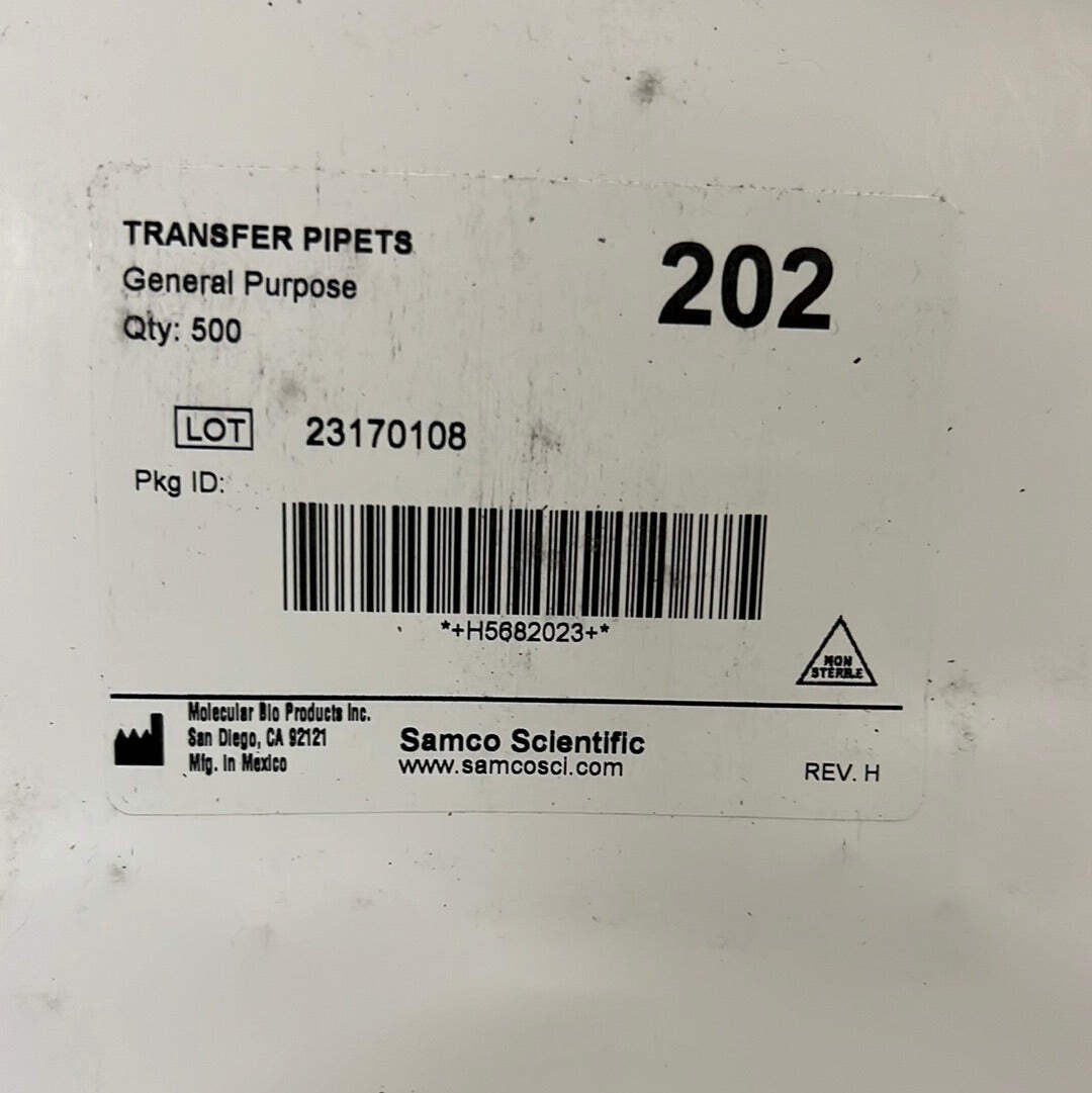 SAMCO (5000 PACK) TRANSFER PIPETS 202 General Purpose 7.7 ml 10 Boxes (500 per b