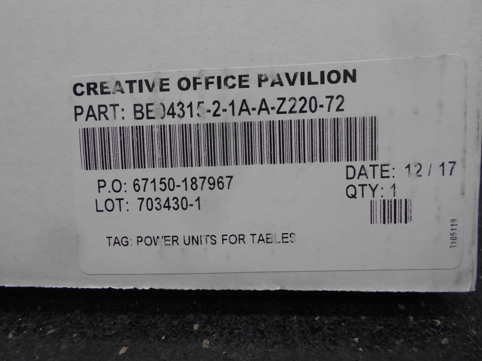 CREATIVE OFFICE PAVILION BE0431521AAZ22072 15A 125V 60Hz POWER UNIT FOR TABLES