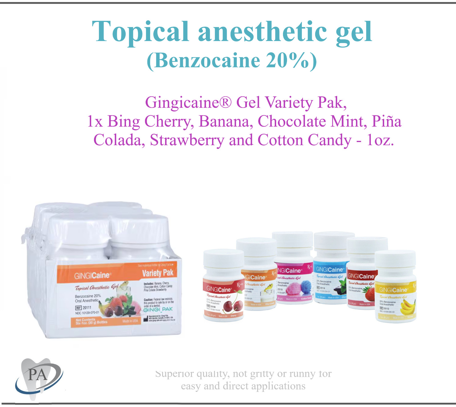 Dental Gingicaine Topical Gel Mint Julep, Bing Cherry, Banana, 1-6 oz Exp: 02/29