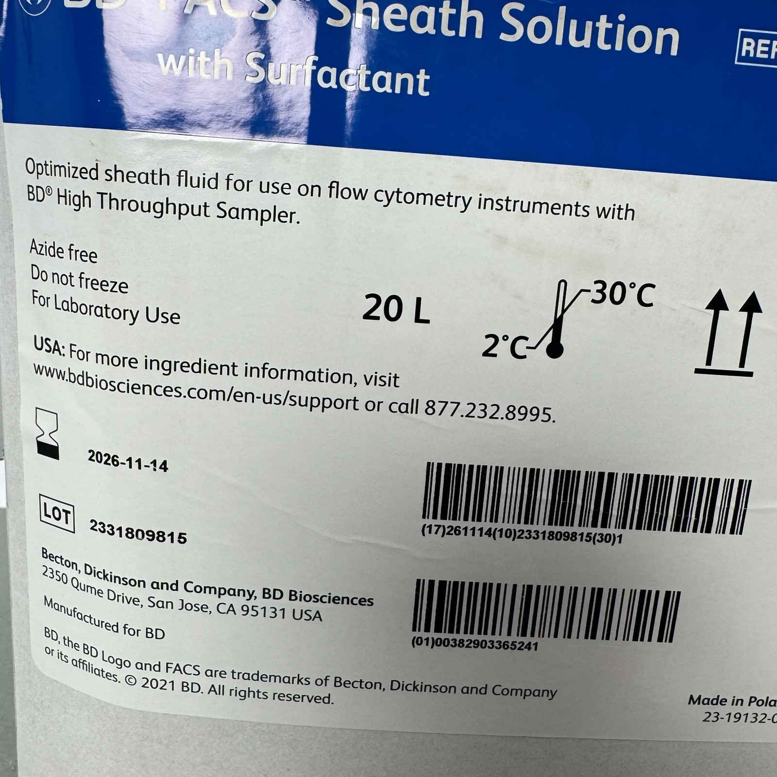 BD FACS Sheath Solution 336524 20L w/ Surfactant Flow Cytometry Fluid EXP 26-11