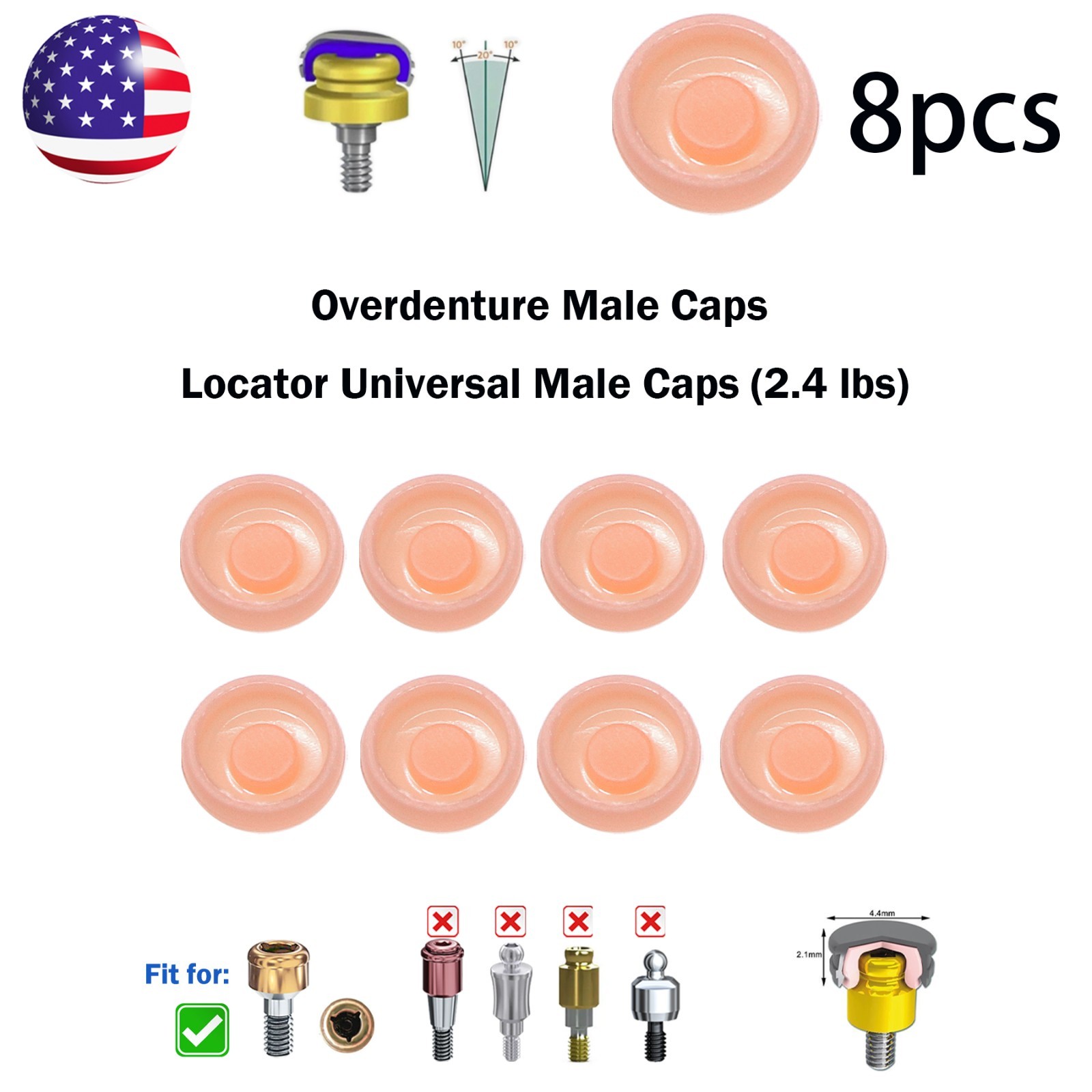 US Dental Overdenture Locator Abutment Retention Male Cap Processing Inserts Set