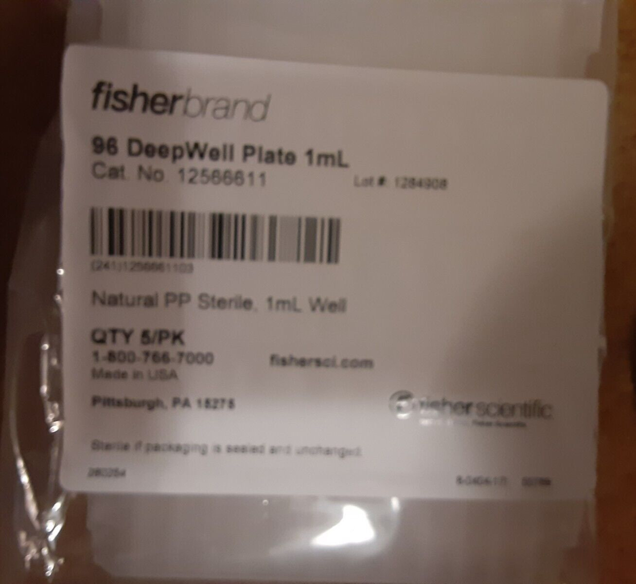 FISHERBRAND 1ml/ 96 DEEP WELL PLATE (STERILE/sealed pk of 5) 12566611