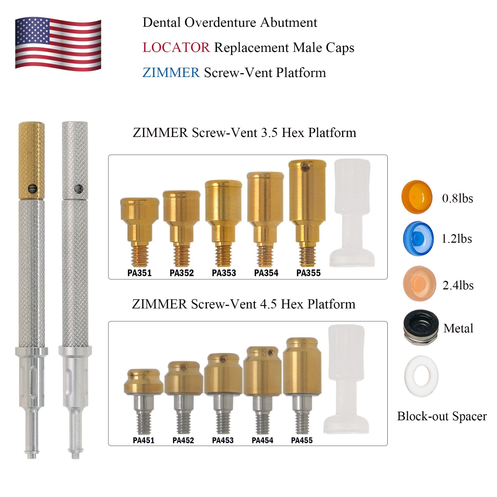 Dental 3.5/4.5mm Locator Attachment For Zimmer Screw-Vent system Abutment