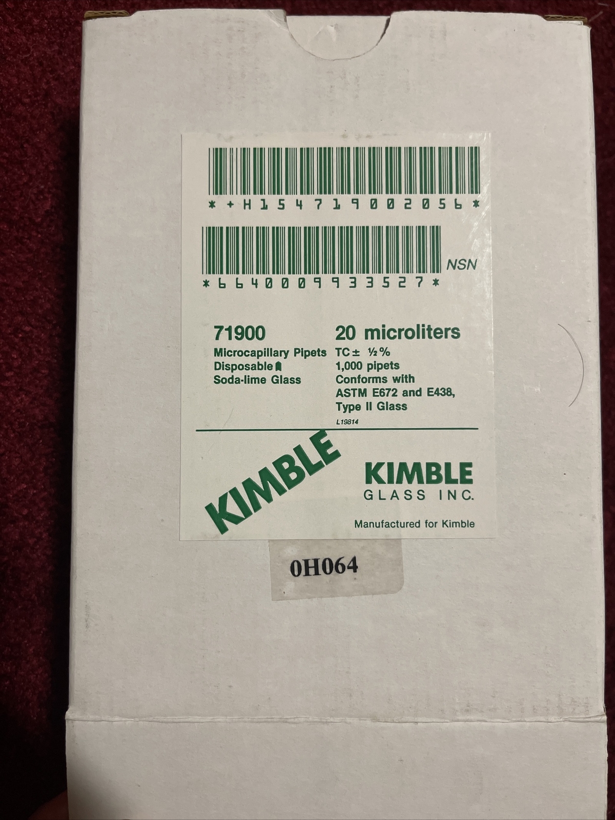 Kimble Microcapillary Soda-lime Glass 71900-20 Microliters 1000 Pipets
