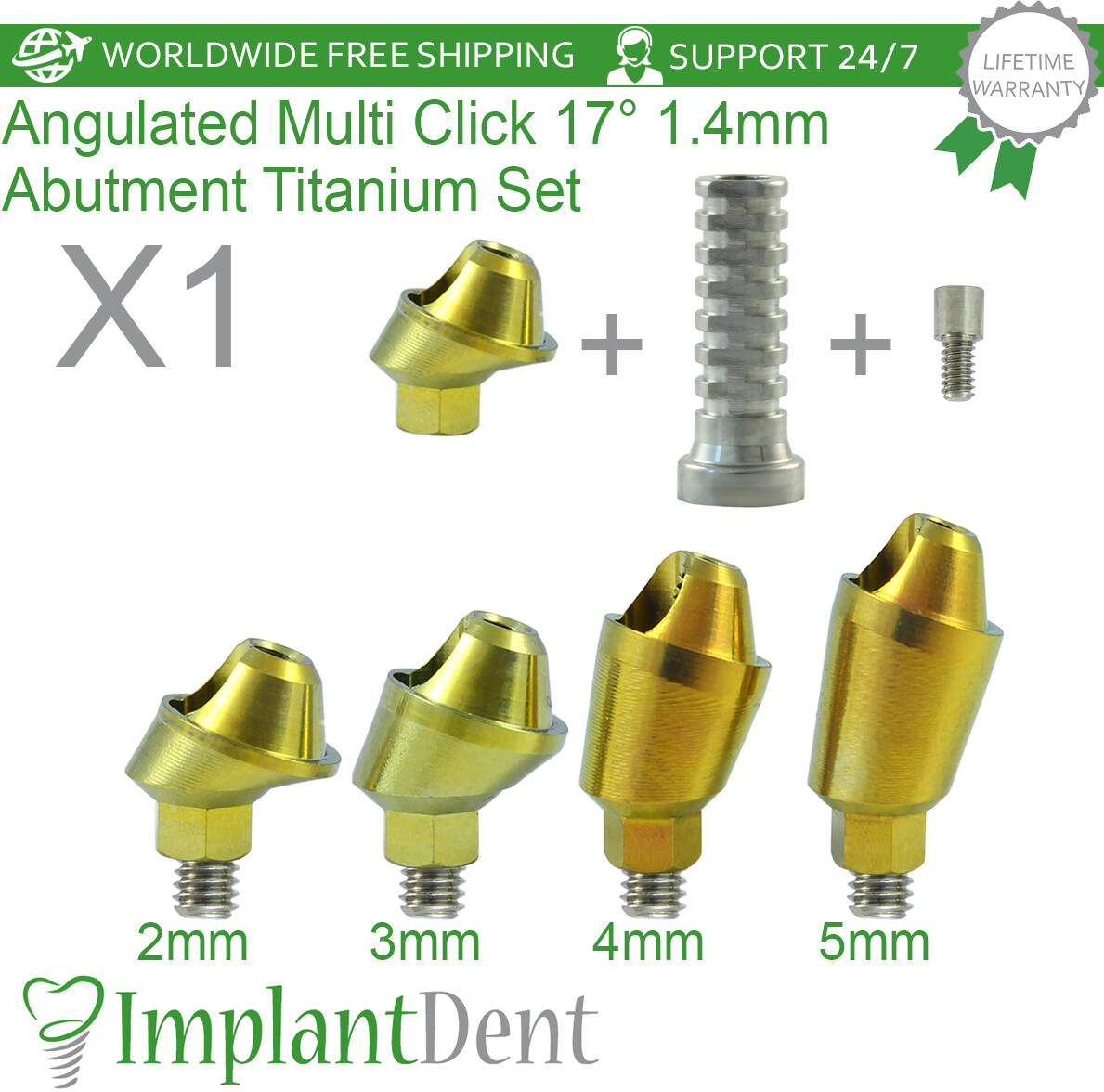 X1 Set of Angulated Multi Unit 17° 1.4mm Titanium Sleeve + Screw Internal Hex