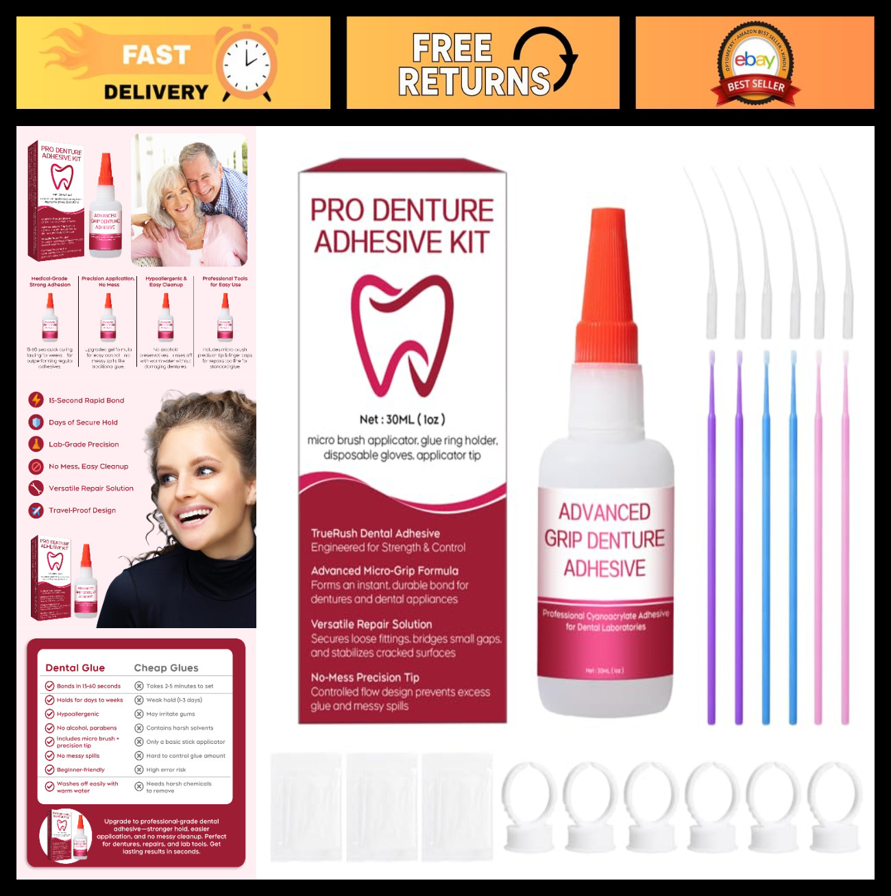 Fast-Setting Instant Bonding Glue for Dentures & Lab Tools – 15-60 Sec Repair, L