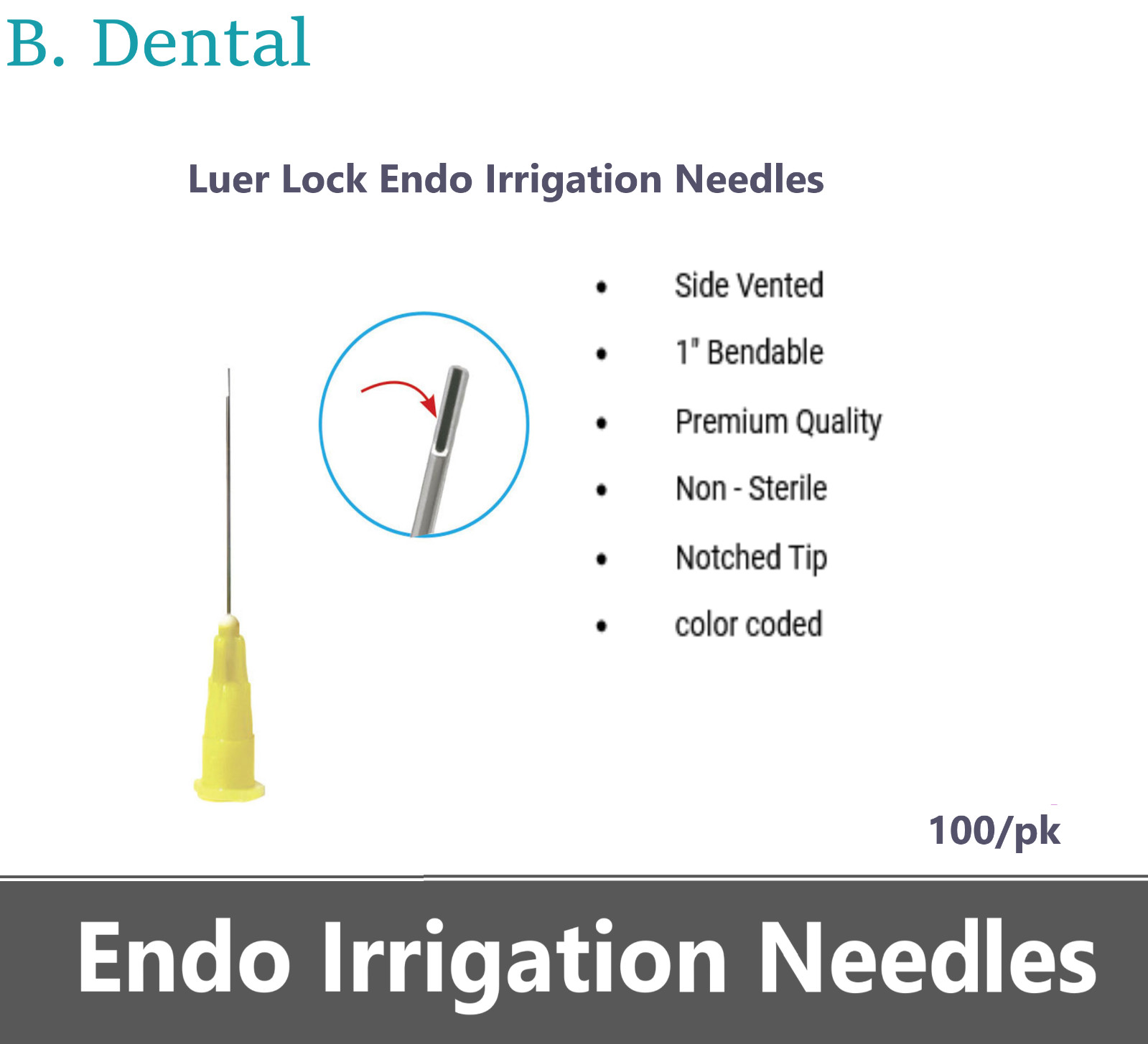 Mono Luer-Lock Dental Endodontic Irrigation Needles 23Ga 27Ga 30Ga 1″ Box/100