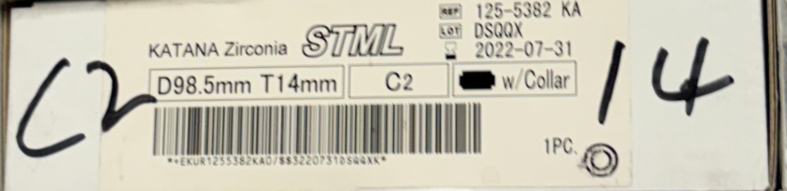 Kuraray Katana Zirconia Disc STML 98.5mm C2-14 Dental Milling – New
