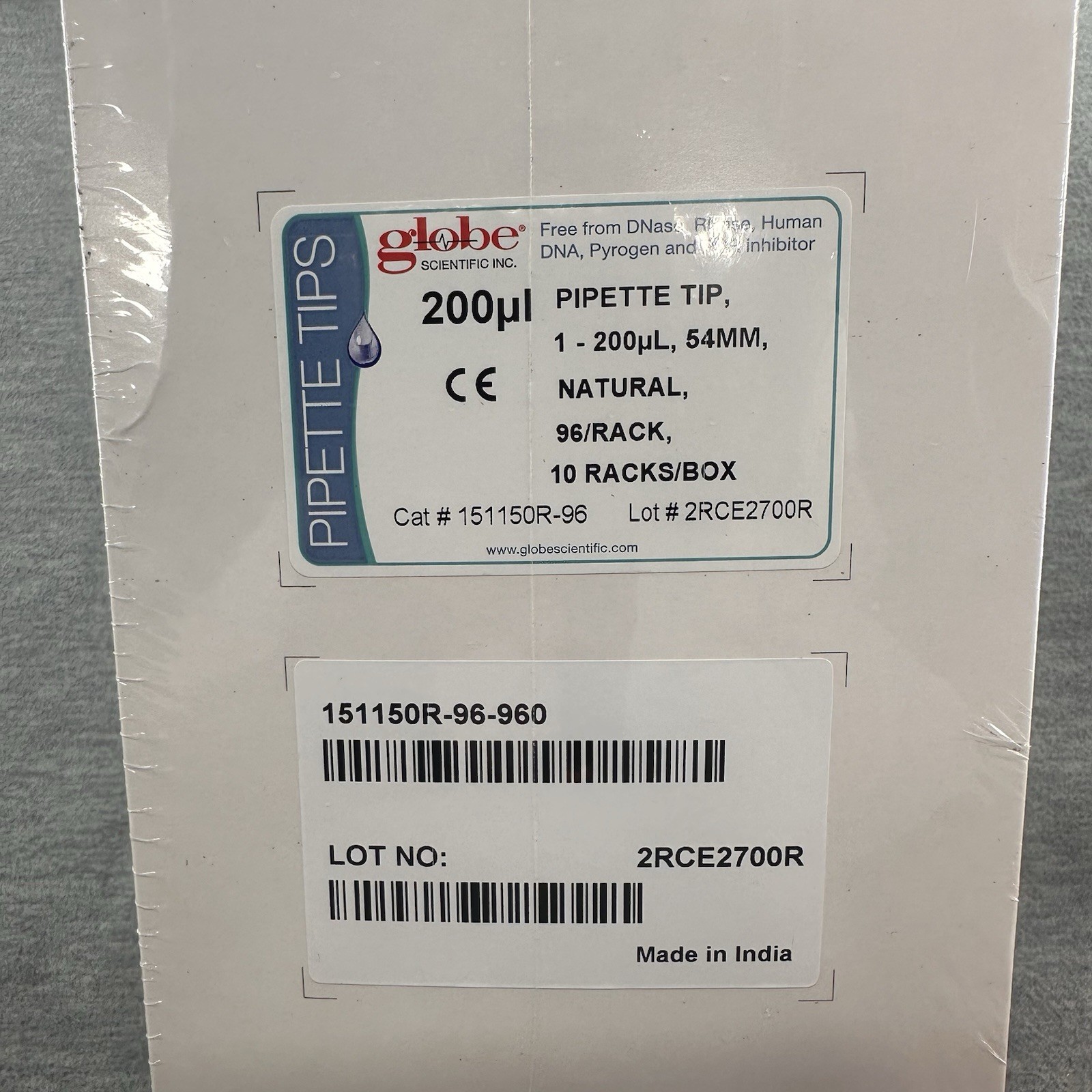 GLOBE SCIENTIFIC – 200ul Pipette Tip 54mm 96 Rack 10 Racks Box LB