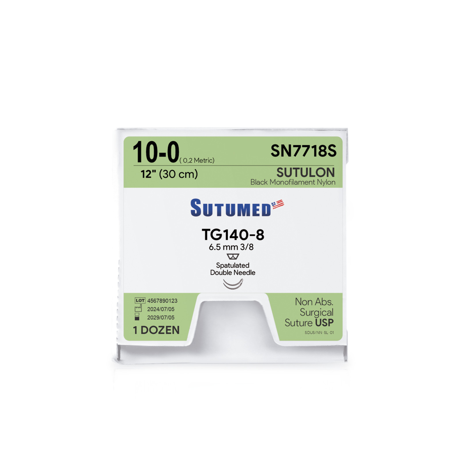 Sutumed SUTULON Nylon 10-0, (TG140-8) 3/8 6.5 mm Spatulated Double Needle, 12″