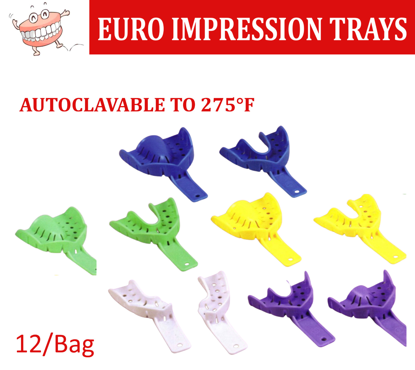 Dental Perforated Plastic Reusable Impression Trays (CHOOSE SIZE) (FDA) 12/Bag
