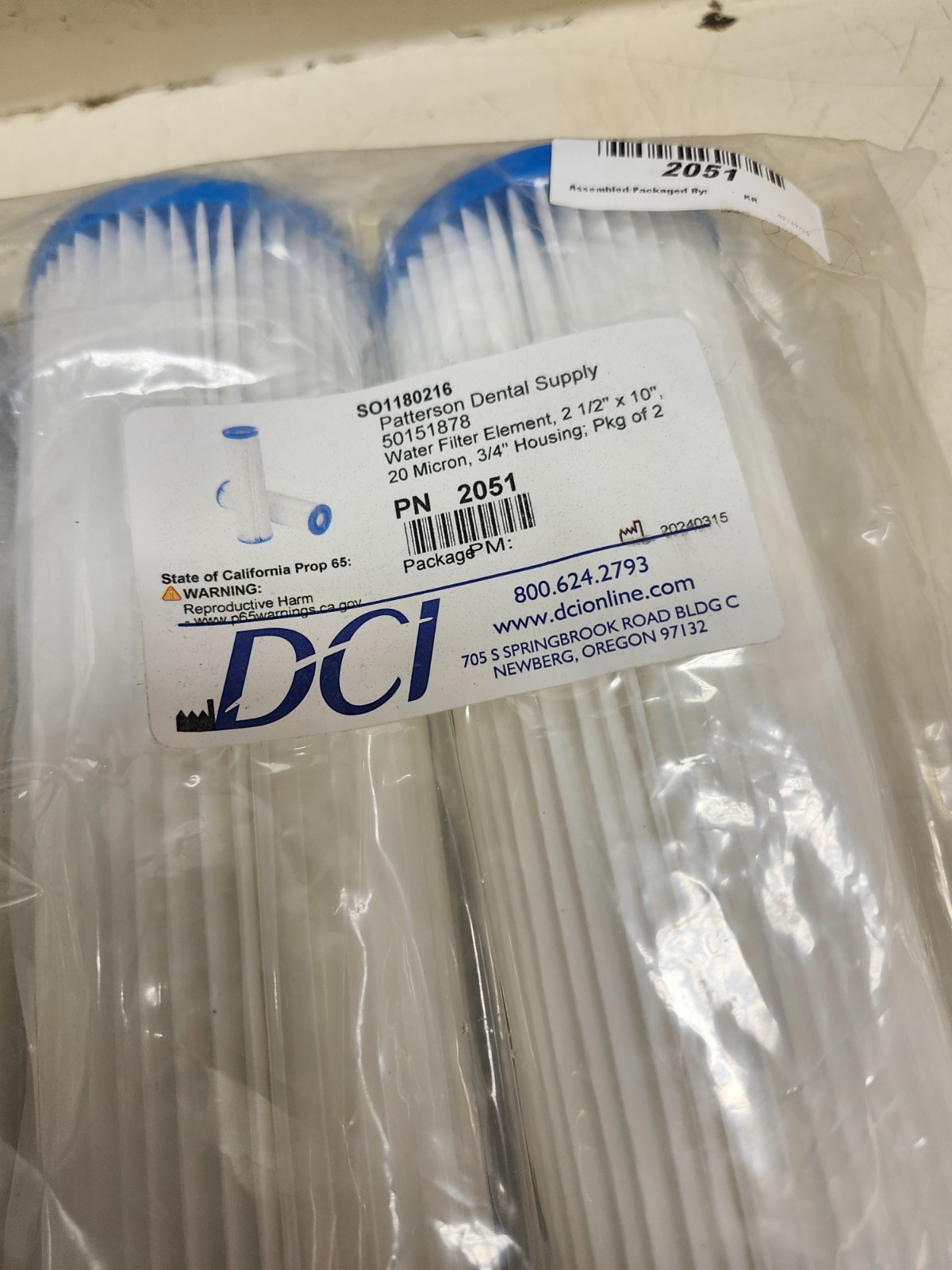Lot Of 6 Patterson Dental DCI Dental Water Filter Element 2-1/2″ x 10″ P/N: 2051