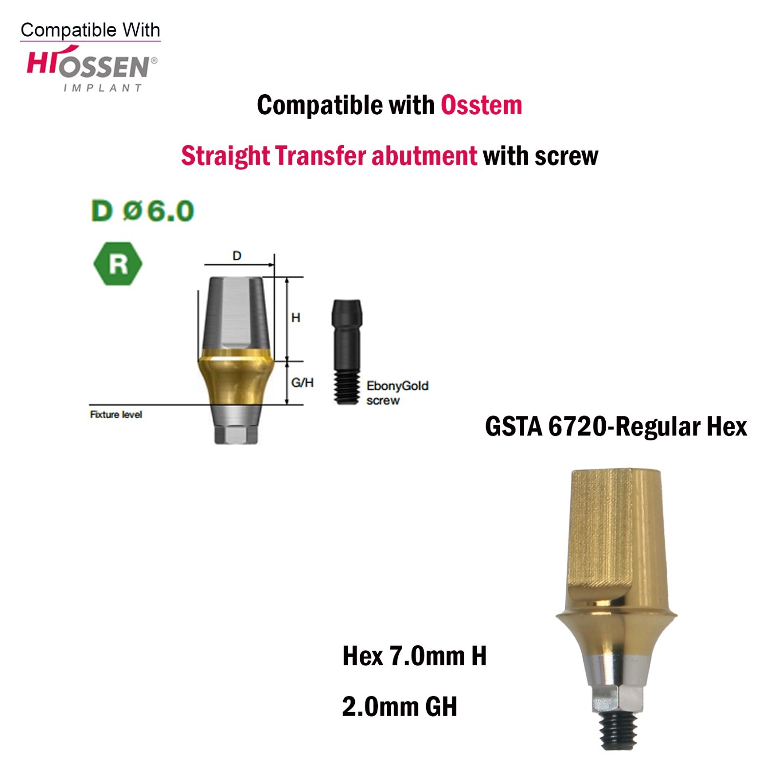 US Dental Straight Transfer Abutment Regular Ø6.0mm 1-6mm GH For Hiossen Osstem