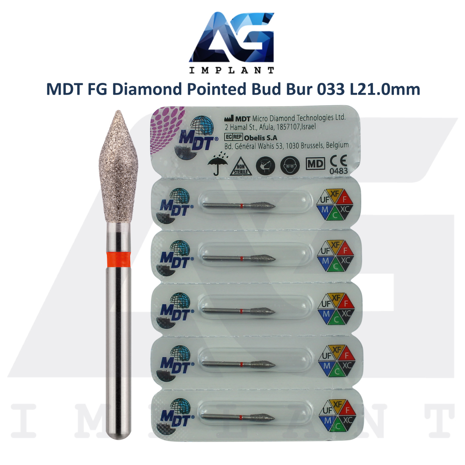 MDT Dental FG Diamond Coated Pointed Bud Bur 033 L21.0mm Ø0.27mmX7.0mm Tool