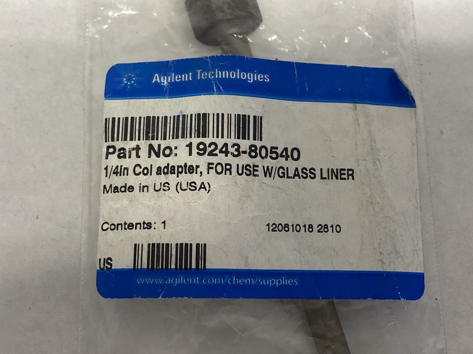Used AGILENT 1/4” OD Packed Column Inlet Adapter for Glass Liners 19243-80540