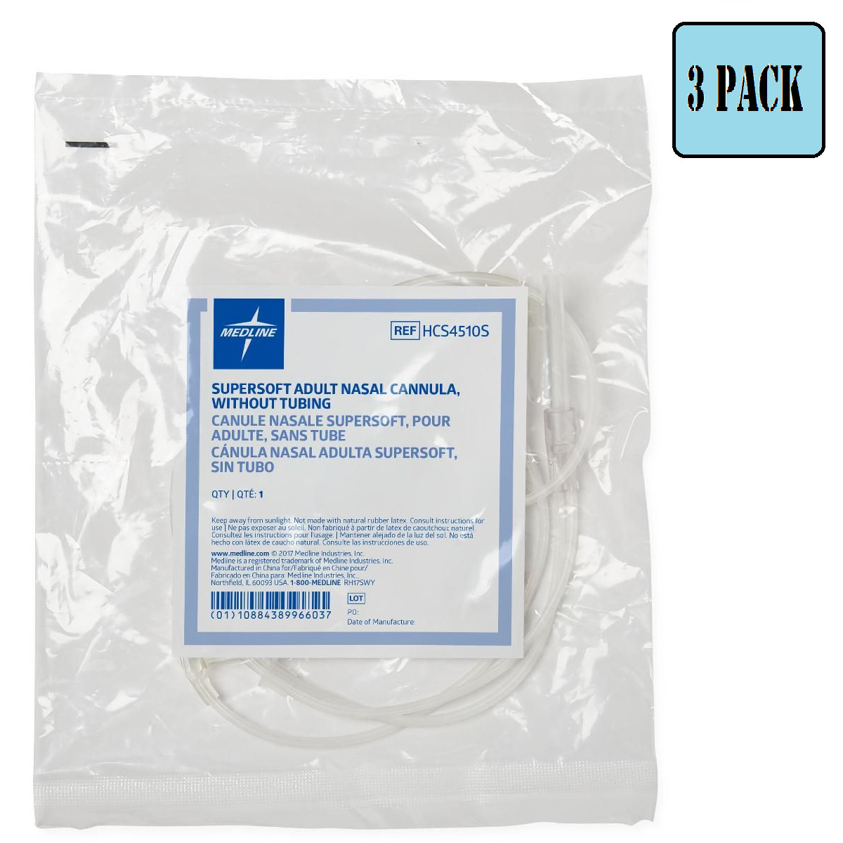 Medline SuperSoft Oxygen Cannulas with Universal Connector, 3 Pack- HCS4510S