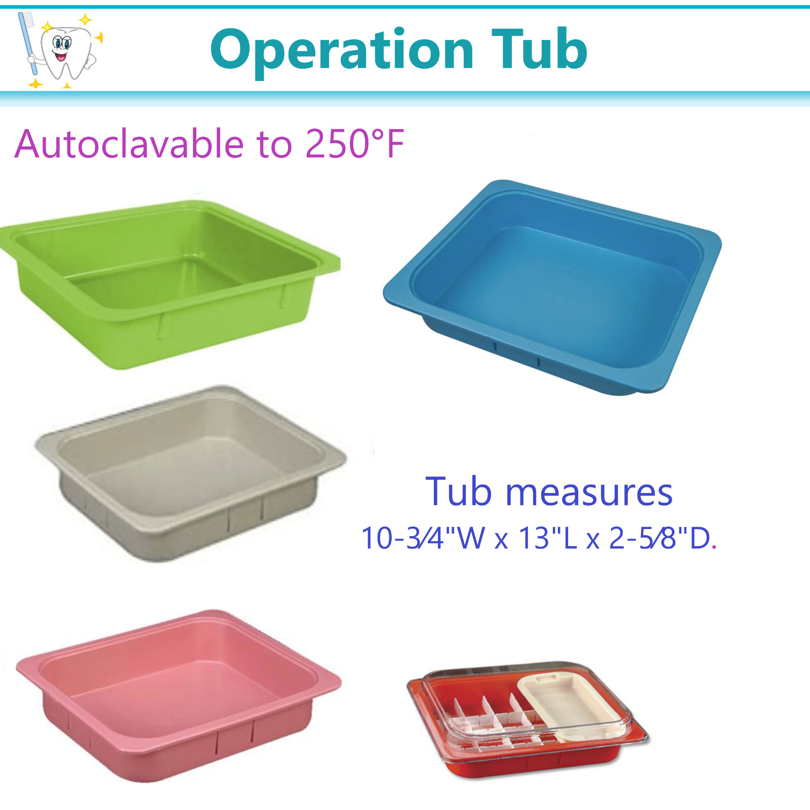 Dental Operation Tub Insert Trays, 11 3/8 x 9¼” x 1⅛” White, Blue, Beige, 4/Pack