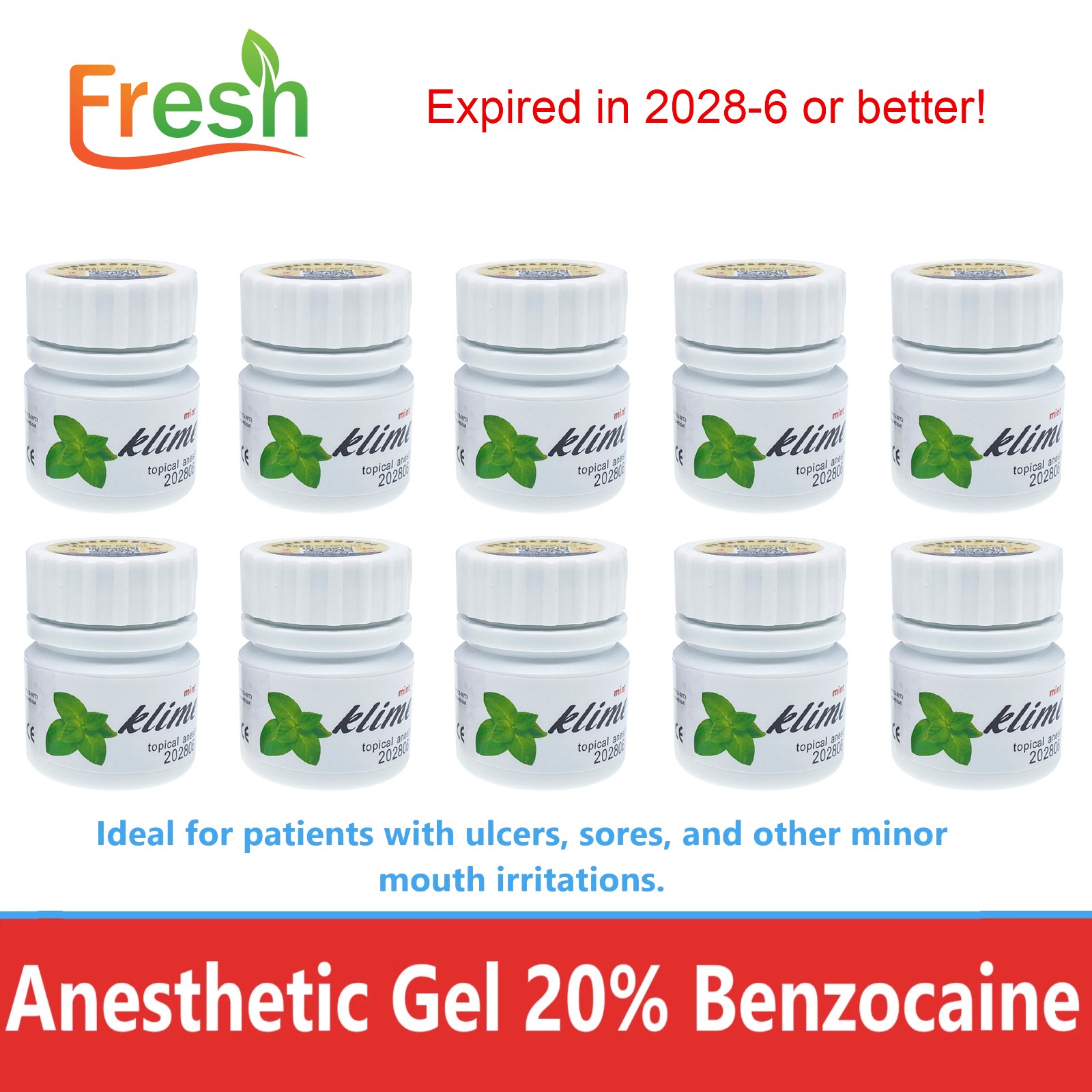 Fresh Dental Topical pain free Gel 20% Benzocaine 1oz Jar , Mint/Strawberry