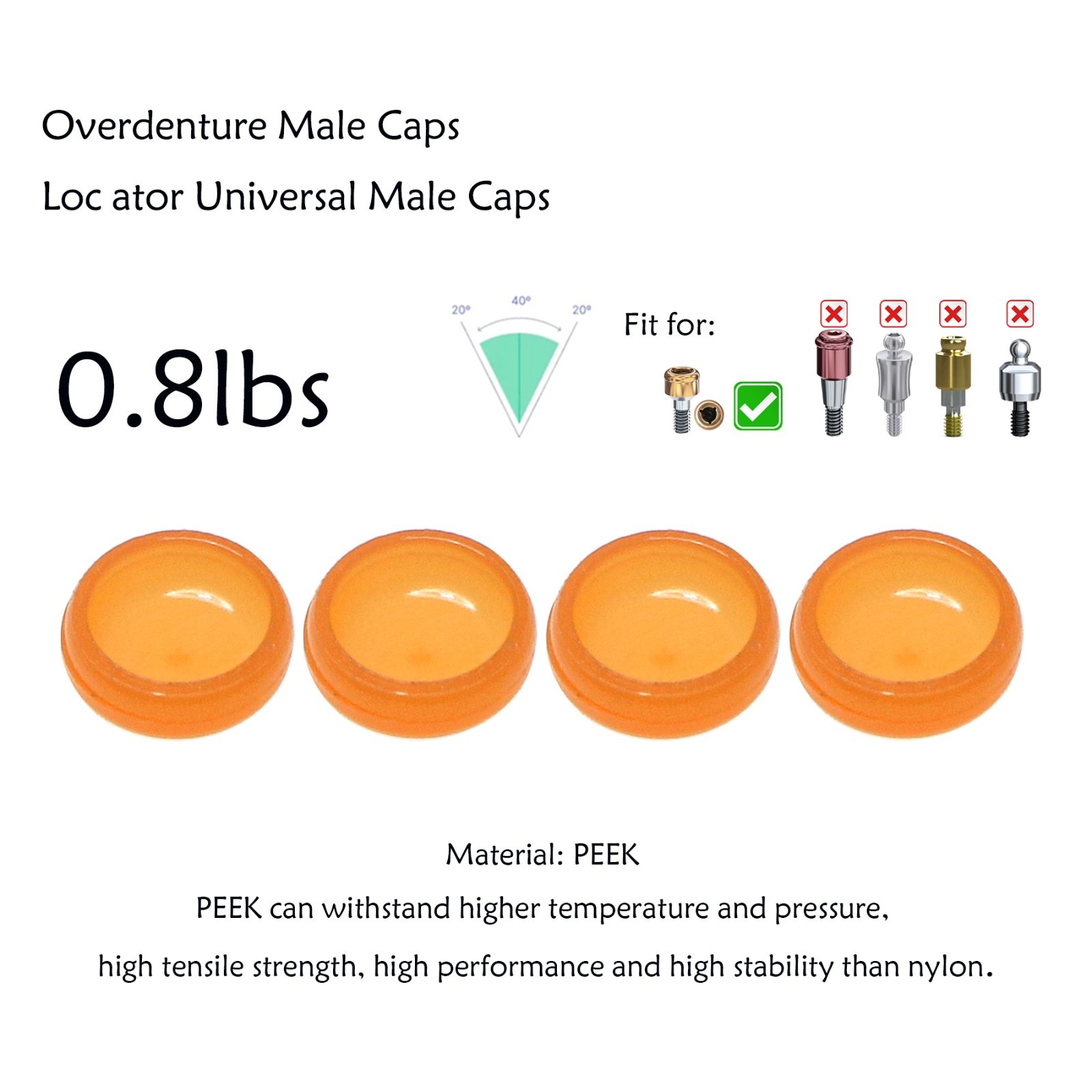 Universal Dental Overdenture Retention Male Caps Insert for Zest Locator System
