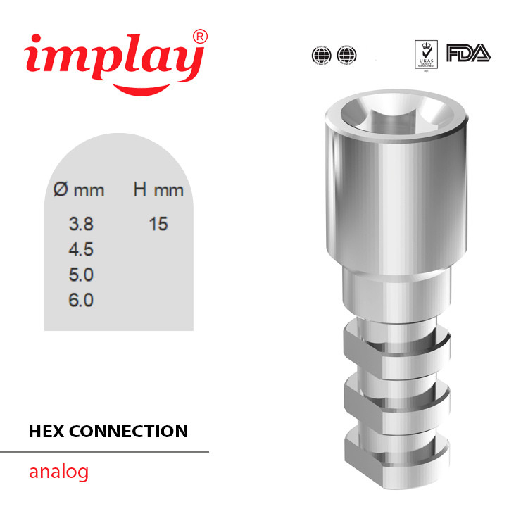 Dental Implant Analog | Hex Connection Ø3.8 Narrow, Ø4.5 Standard, Ø5 Wide H15mm