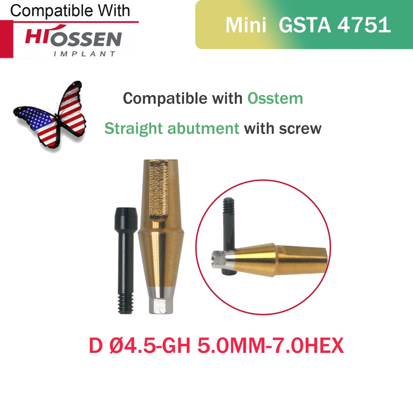 US Mini Internal Hex Straight Transfer Abutment Fits Hiossen ET/Osstem TS D Ø4.5