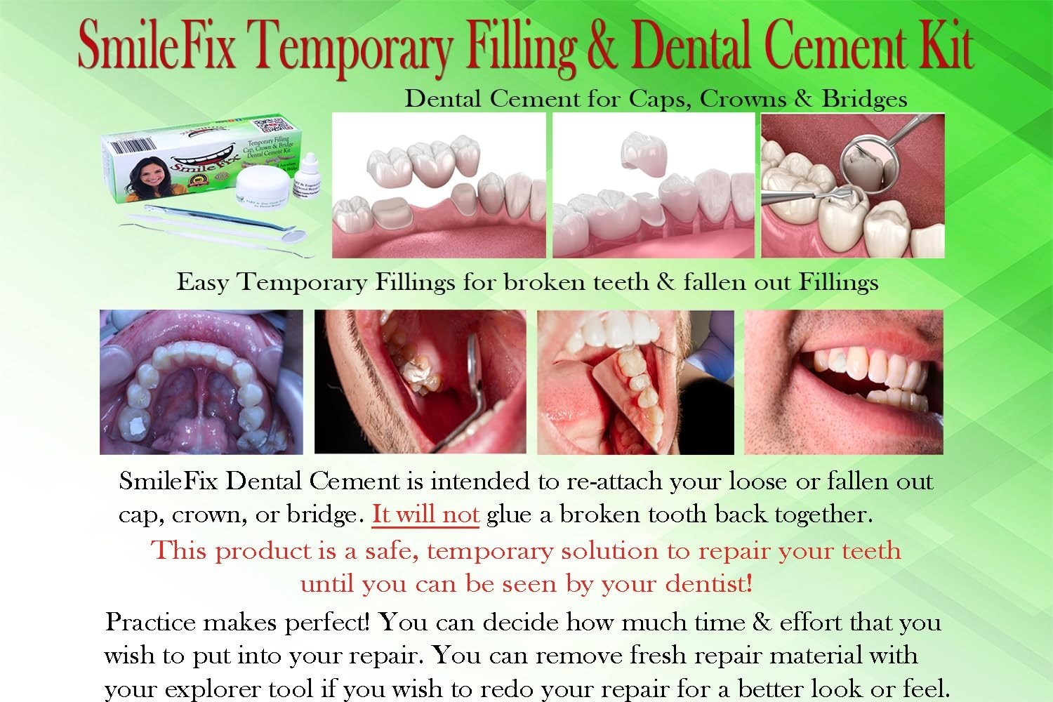 Professional Home Dental Repair Kit – Water Resistant Cement for Caps & Crowns