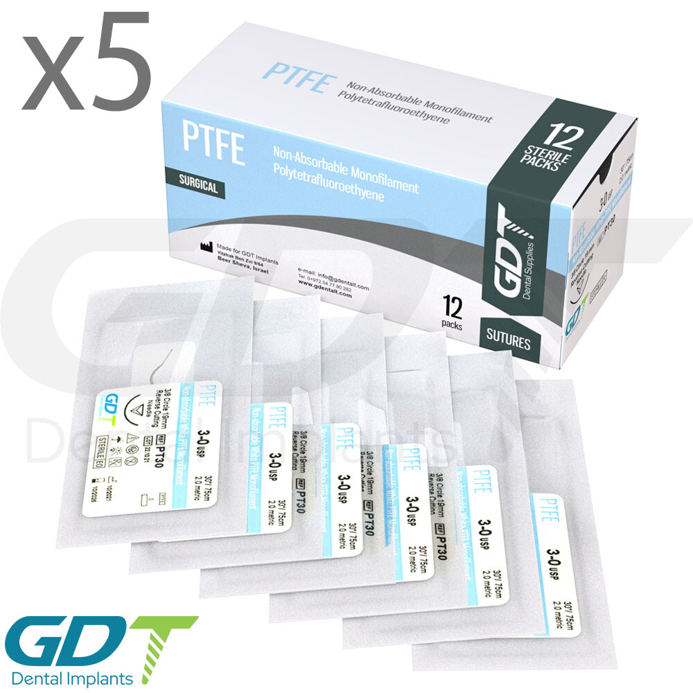 5 Synthetic Monofilament PTFE Sterile White Sutur3s 12pcs 19mm Reverse Cutting