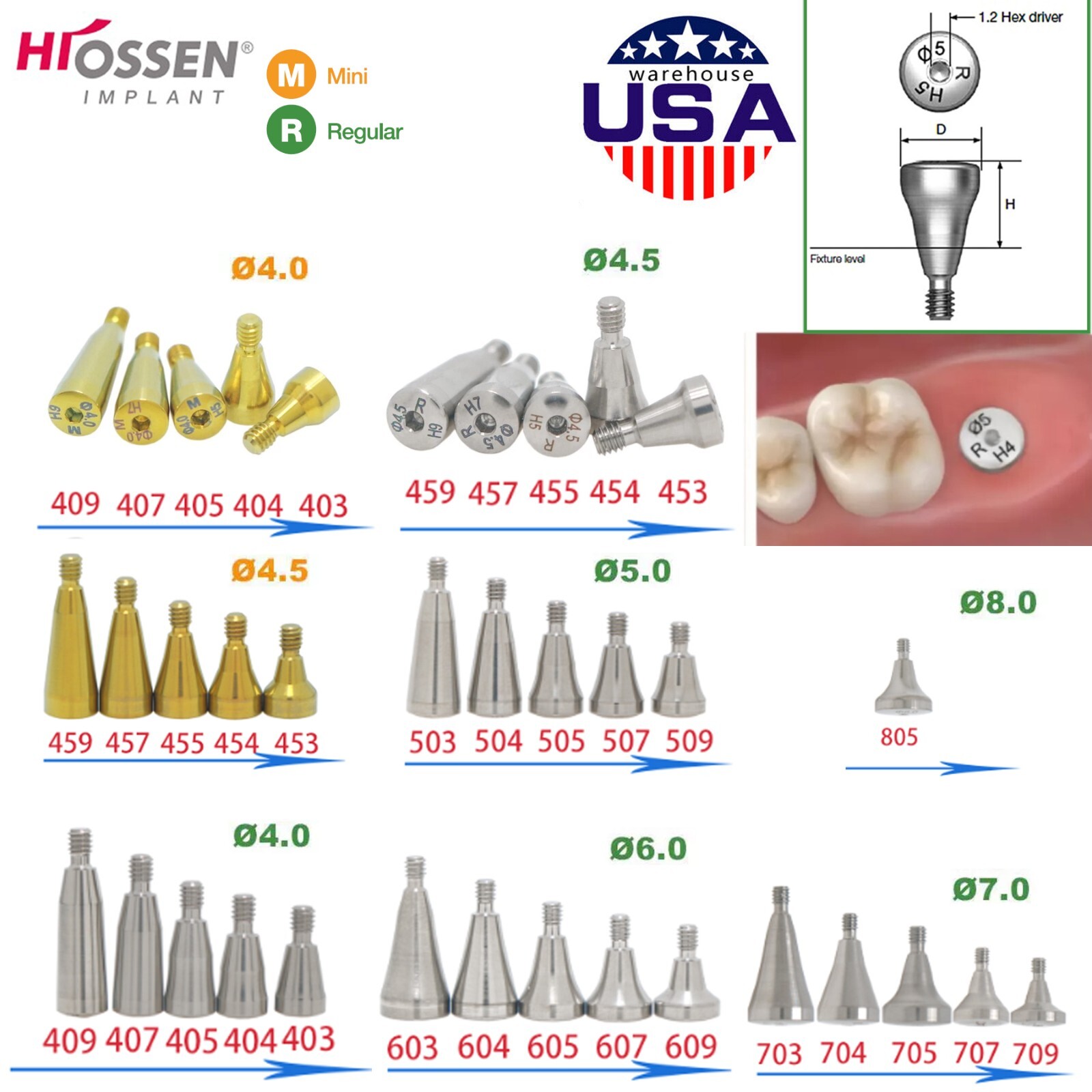 US Fits Hiossen Osstem ET Healing Abutments/Locator/Impression Caps Coping M/R