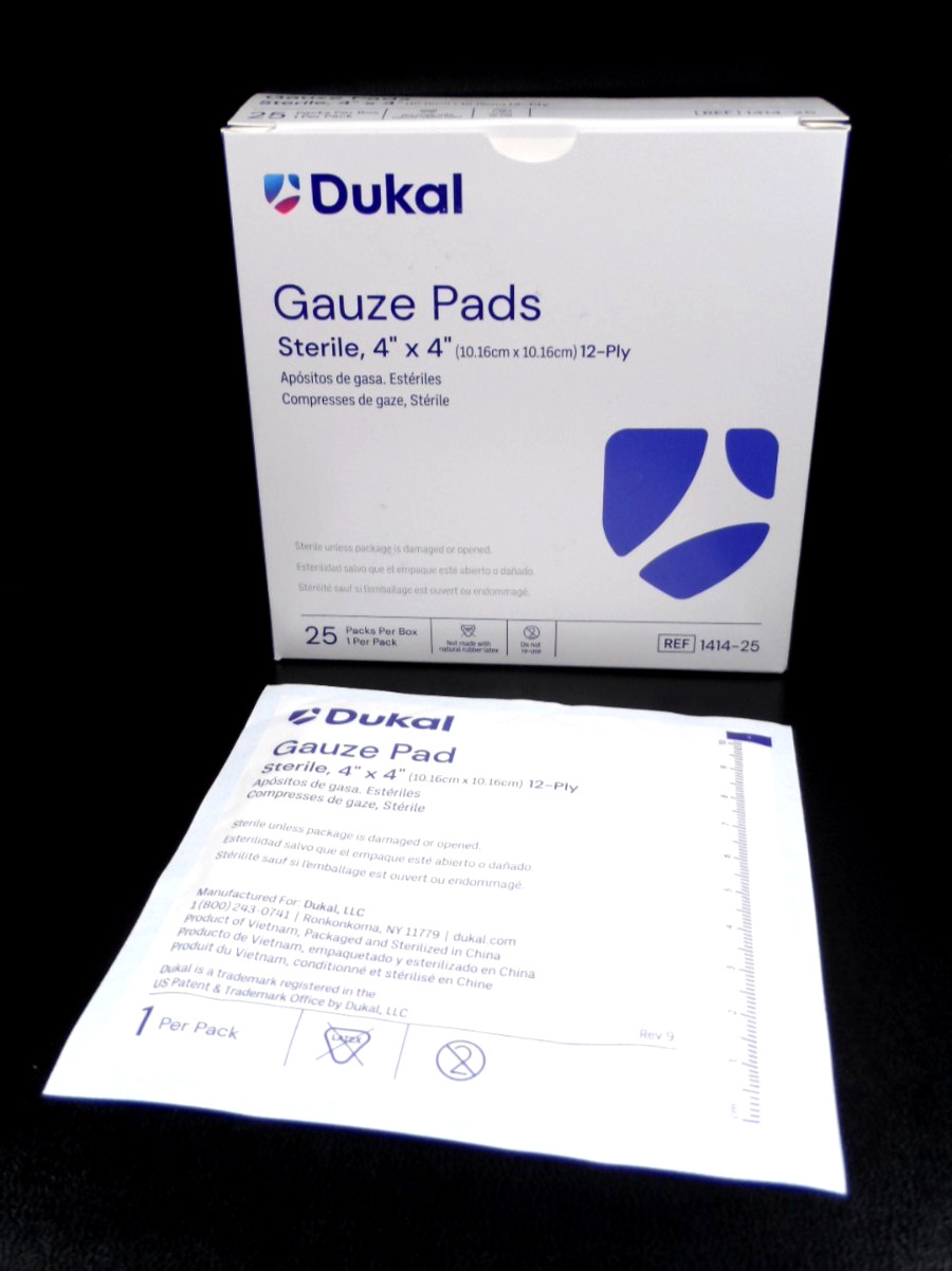 Dukal Gauze Pads 4″ x 4″ Sterile 12 ply ~ 25 Packs per Box ~ 1 Per Pack 1414-25