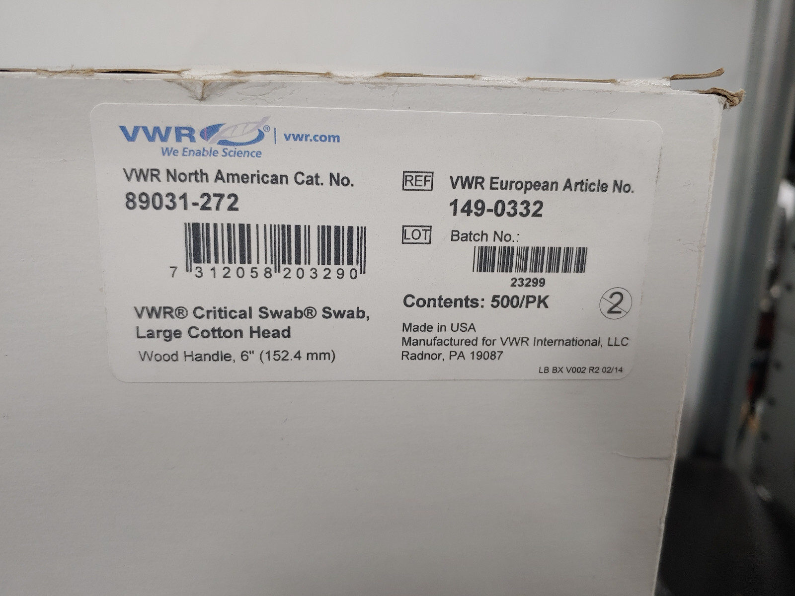 500 Box VWR 149-0332 Large Cotton Head Critical Swab