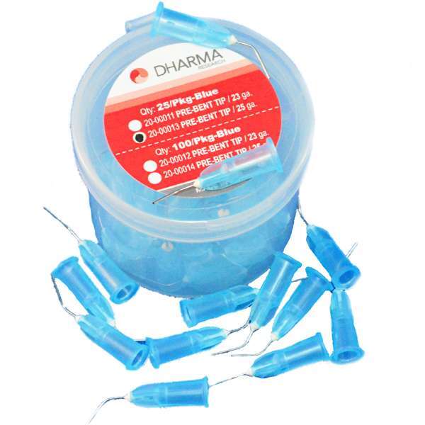 Dharma Pre-bent Applicator Tips, 25 Gauge BLUE, 25 Tips Pack